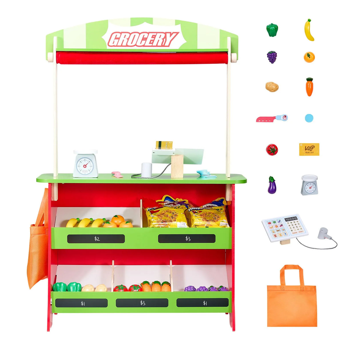 VEVOR Wooden Toy Shop and Puppet Theatre 2 in 1 with Blackboard and Cash Register