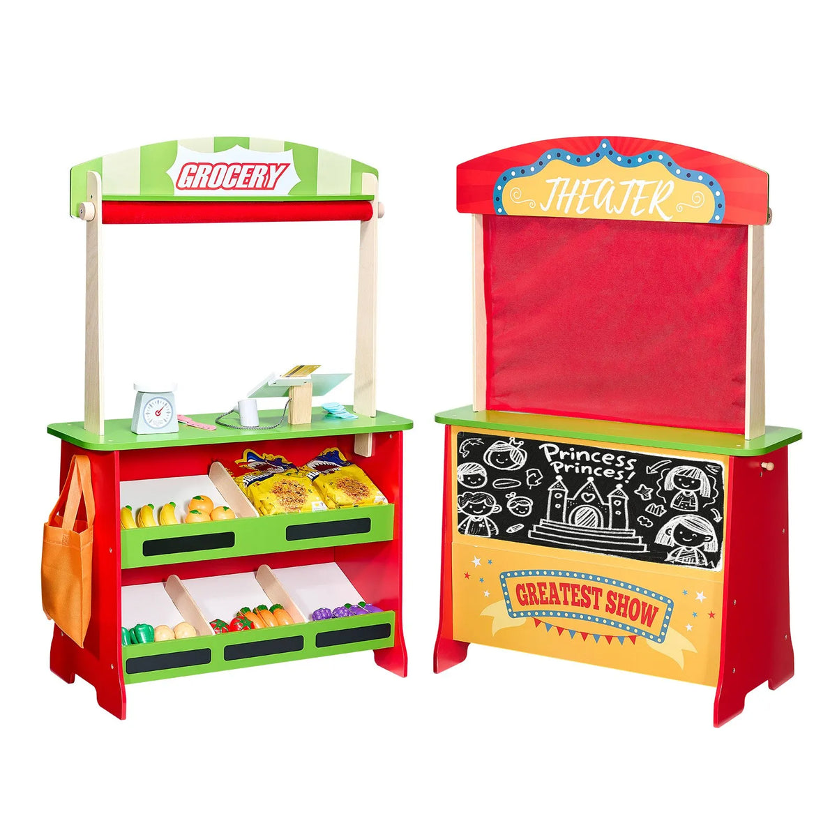 VEVOR Wooden Toy Shop and Puppet Theatre 2 in 1 with Blackboard and Cash Register