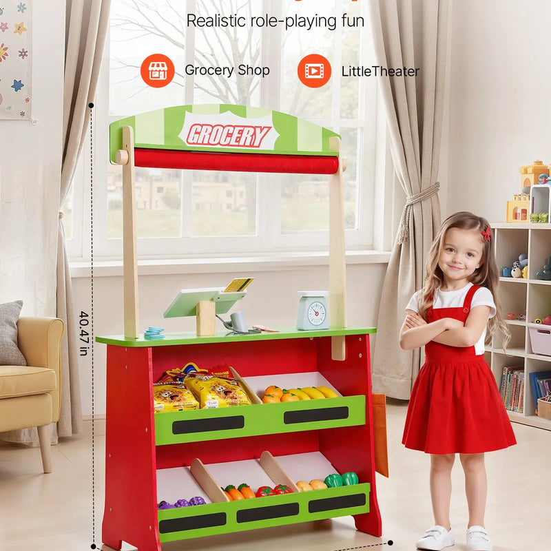 VEVOR koka leļļu teātris ar aizkariem, 2-in-1 apgriežams rotaļu veikals, divpusējs pārtikas veikala rotaļu komplekts ar tāfeli un kases aparātu, bērnu lomu spēļu tirgus stends, dāvana zēniem un meitenēm