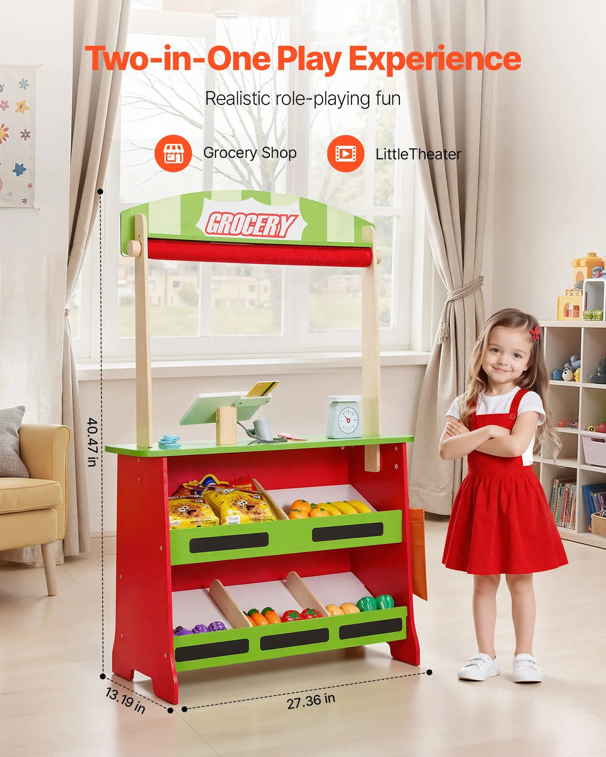 VEVOR Wooden Toy Shop and Puppet Theatre 2 in 1 with Blackboard and Cash Register