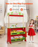 VEVOR koka leļļu teātris ar aizkariem, 2-in-1 apgriežams rotaļu veikals, divpusējs pārtikas veikala rotaļu komplekts ar tāfeli un kases aparātu, bērnu lomu spēļu tirgus stends, dāvana zēniem un meitenēm