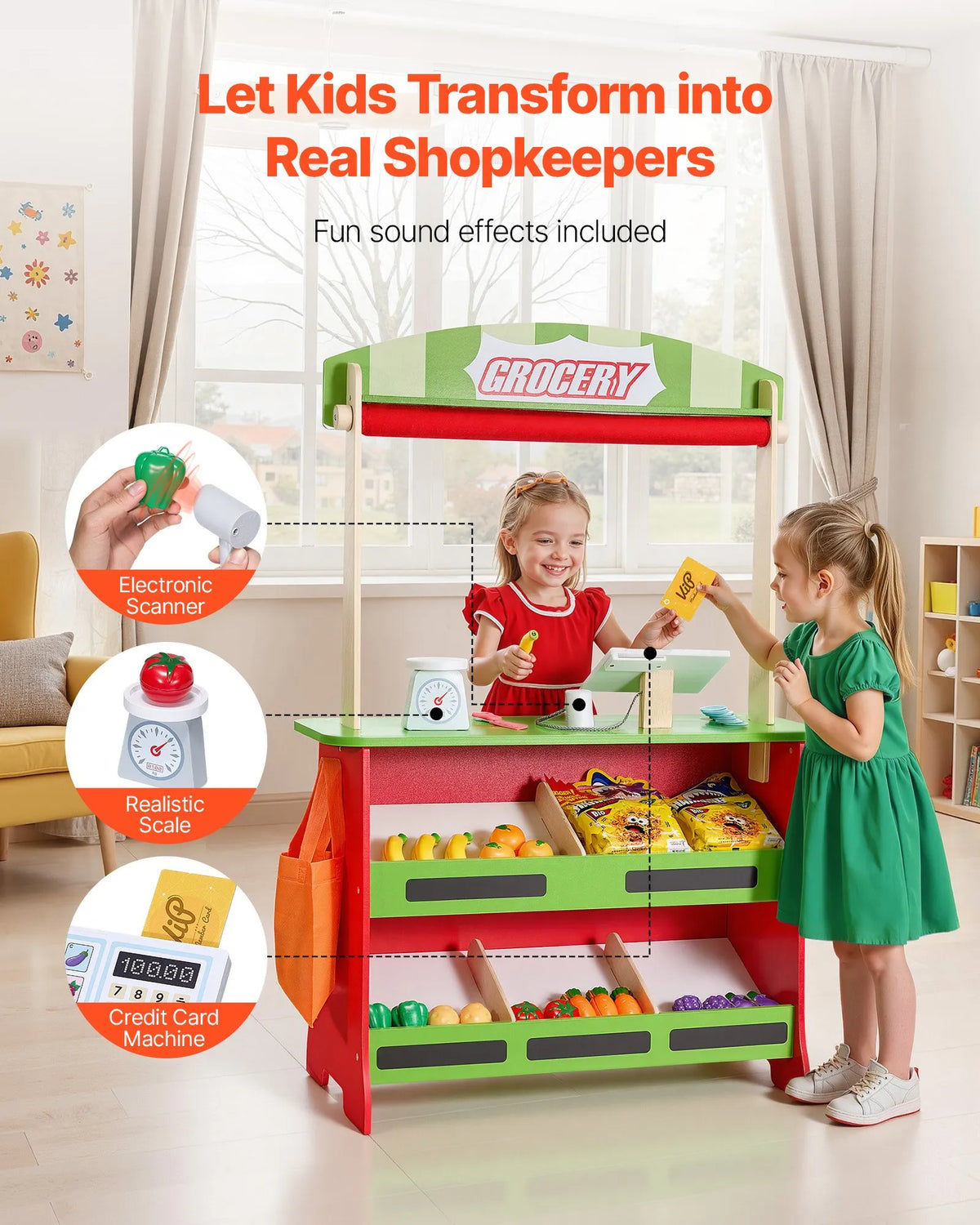 VEVOR Wooden Toy Shop and Puppet Theatre 2 in 1 with Blackboard and Cash Register