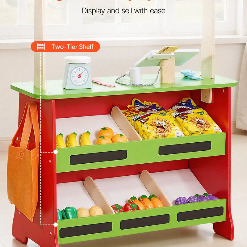 VEVOR koka leļļu teātris ar aizkariem, 2-in-1 apgriežams rotaļu veikals, divpusējs pārtikas veikala rotaļu komplekts ar tāfeli un kases aparātu, bērnu lomu spēļu tirgus stends, dāvana zēniem un meitenēm