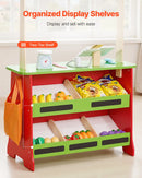 VEVOR koka leļļu teātris ar aizkariem, 2-in-1 apgriežams rotaļu veikals, divpusējs pārtikas veikala rotaļu komplekts ar tāfeli un kases aparātu, bērnu lomu spēļu tirgus stends, dāvana zēniem un meitenēm