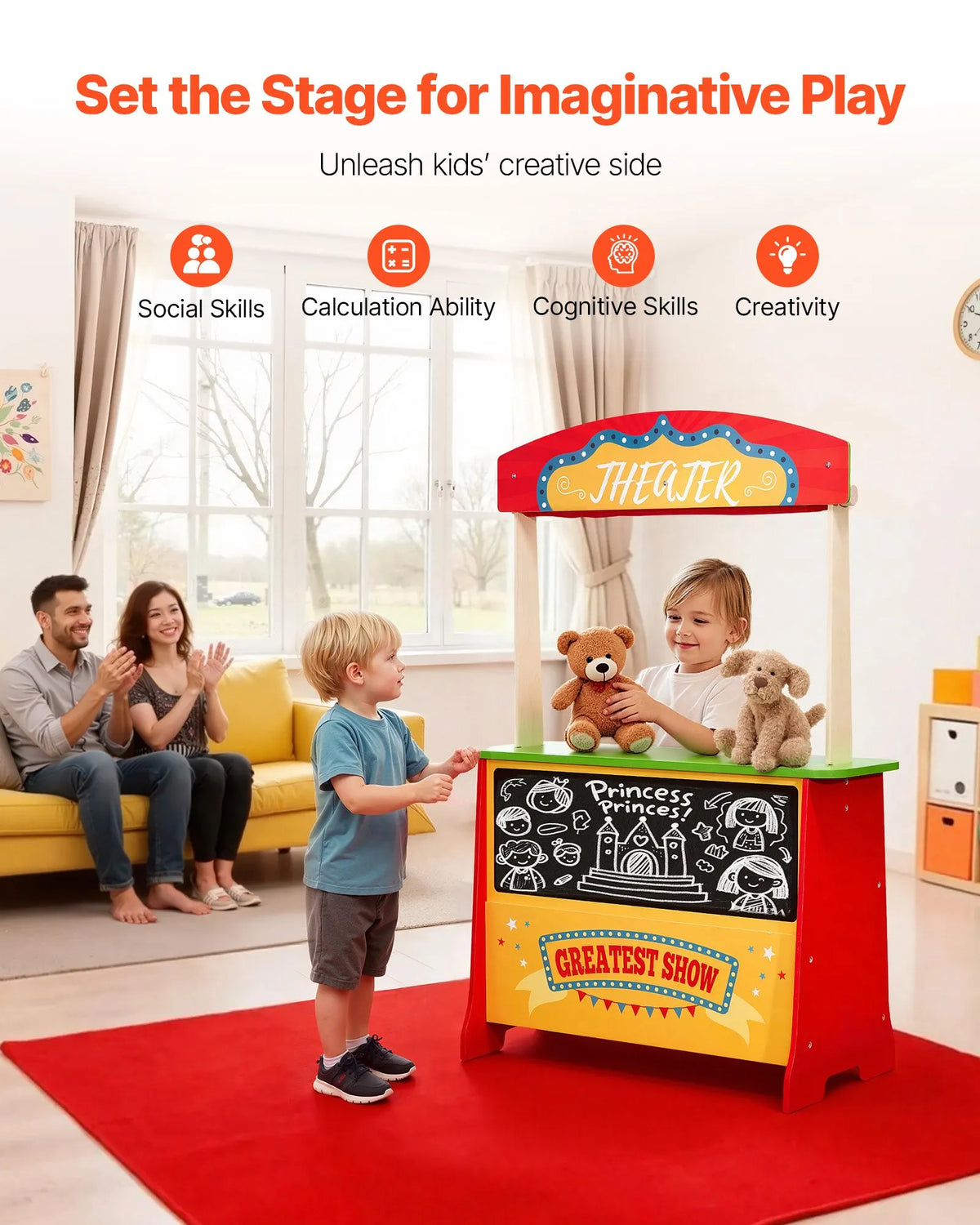 VEVOR Wooden Toy Shop and Puppet Theatre 2 in 1 with Blackboard and Cash Register