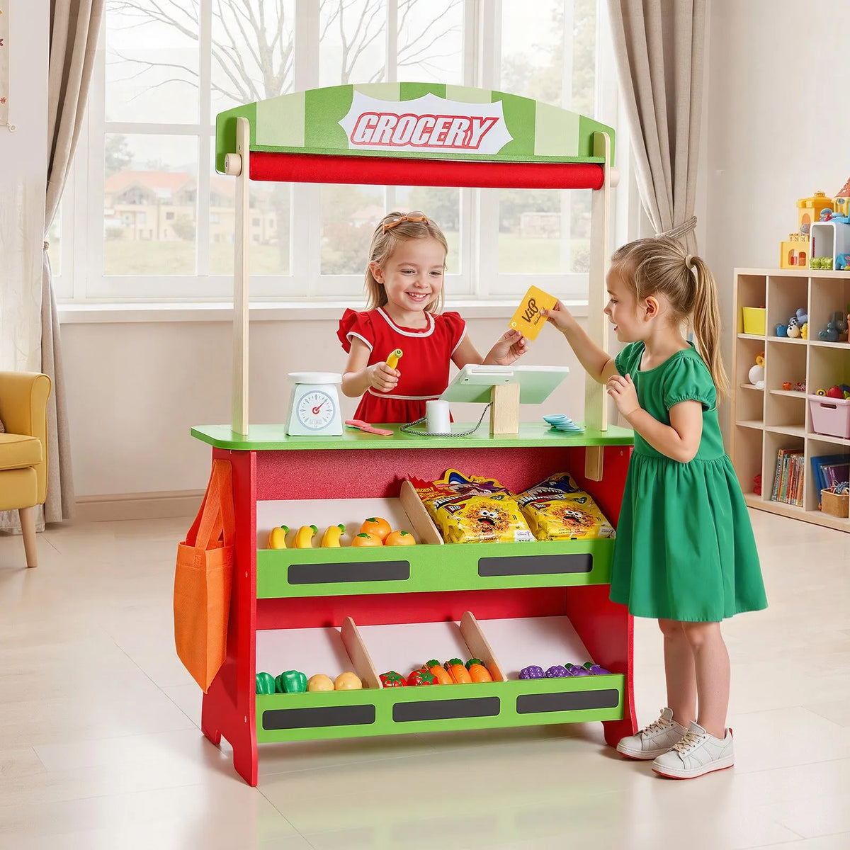 VEVOR Wooden Toy Shop and Puppet Theatre 2 in 1 with Blackboard and Cash Register