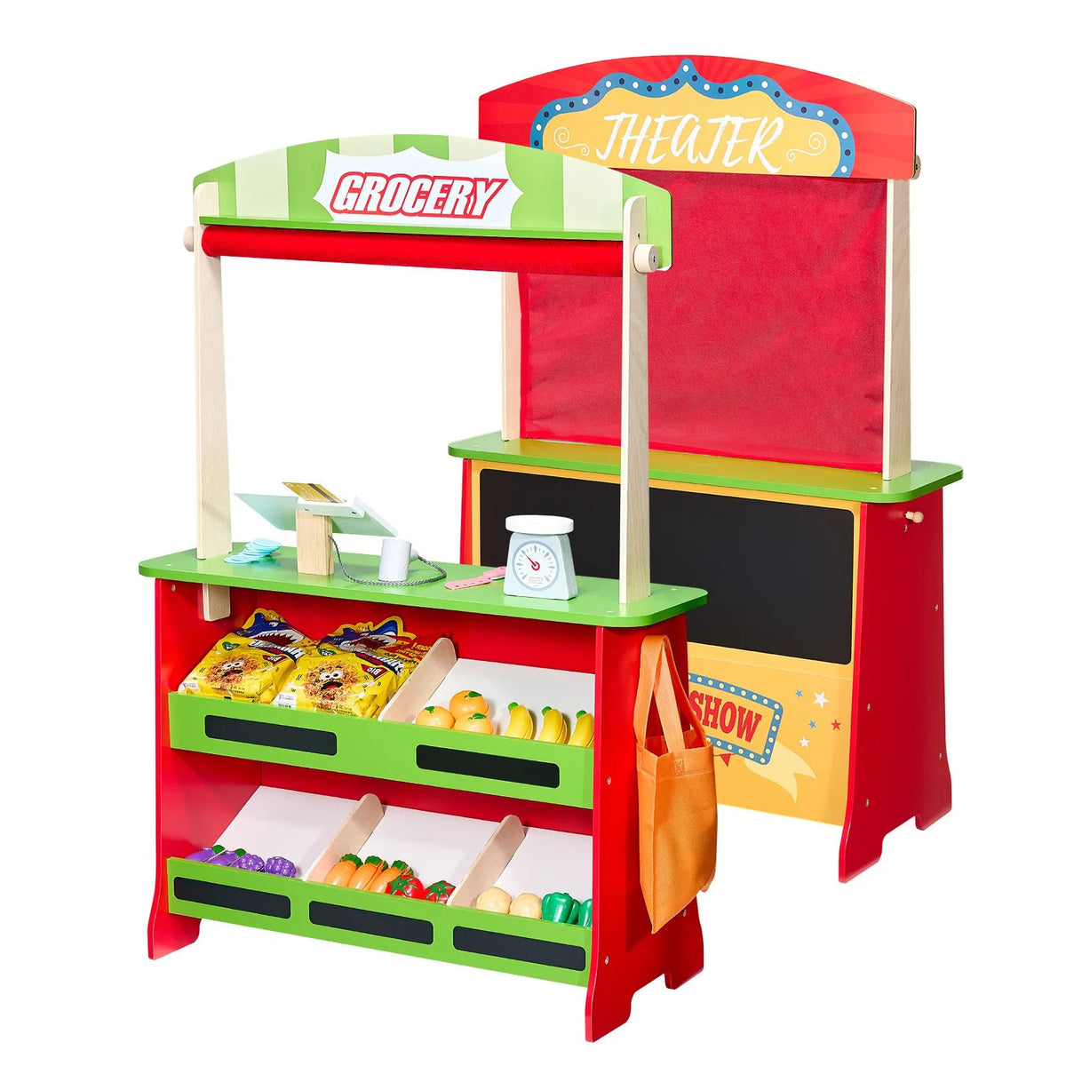 VEVOR Wooden Toy Shop and Puppet Theatre 2 in 1 with Blackboard and Cash Register