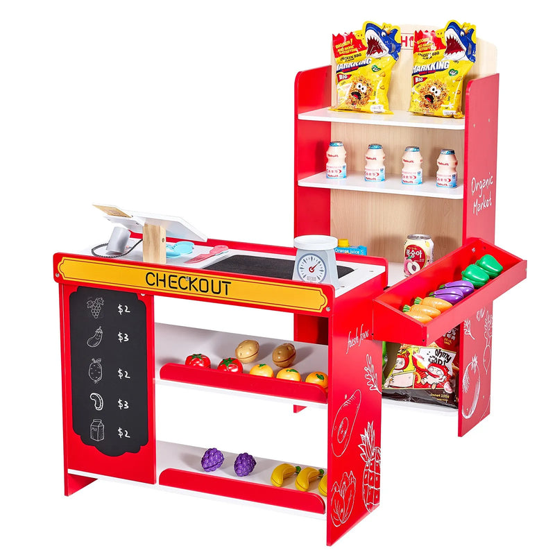 VEVOR bērnu pārtikas veikala rotaļu komplekts, koka rotaļu veikals ar iepirkumu somu, bērnu lielveikala lomu spēļu komplekts ar konveijera lenti, skeneri, kases aparātu un reālistiskiem svariem, dāvana zēniem un meitenēm
