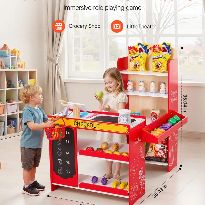 VEVOR bērnu pārtikas veikala rotaļu komplekts, koka rotaļu veikals ar iepirkumu somu, bērnu lielveikala lomu spēļu komplekts ar konveijera lenti, skeneri, kases aparātu un reālistiskiem svariem, dāvana zēniem un meitenēm