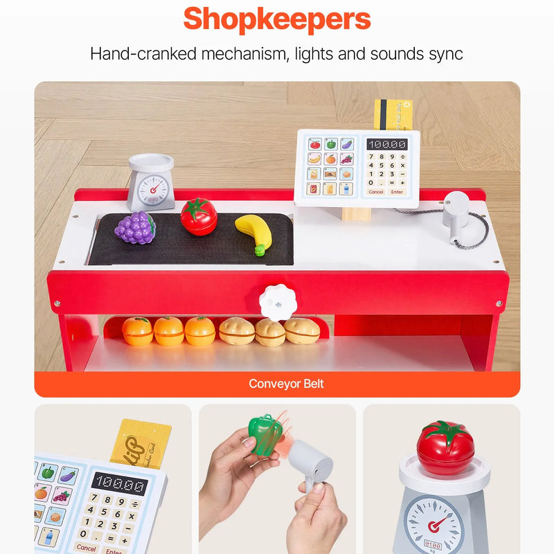 VEVOR bērnu pārtikas veikala rotaļu komplekts, koka rotaļu veikals ar iepirkumu somu, bērnu lielveikala lomu spēļu komplekts ar konveijera lenti, skeneri, kases aparātu un reālistiskiem svariem, dāvana zēniem un meitenēm