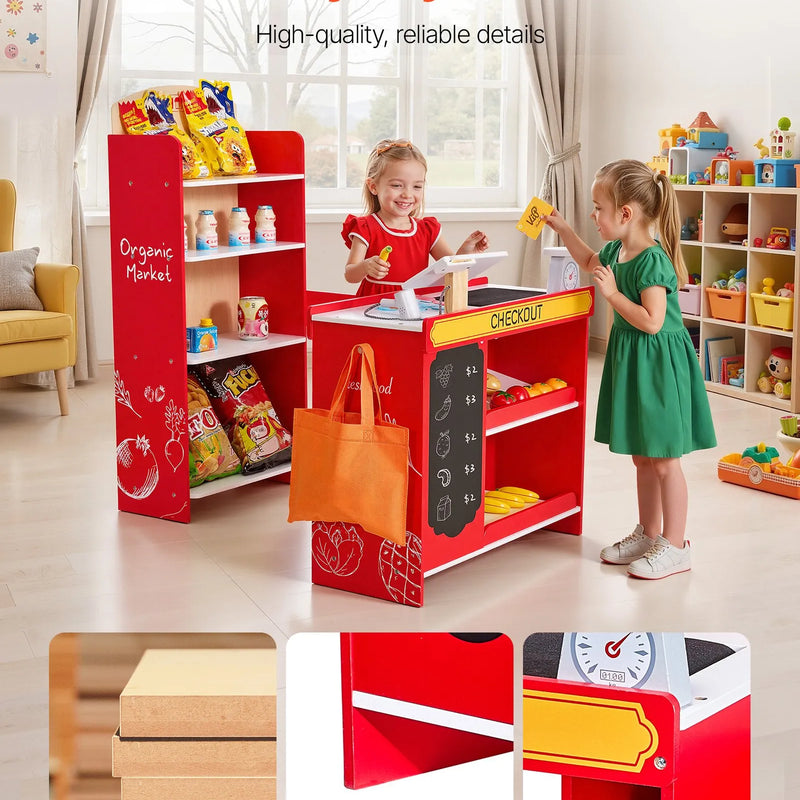 VEVOR bērnu pārtikas veikala rotaļu komplekts, koka rotaļu veikals ar iepirkumu somu, bērnu lielveikala lomu spēļu komplekts ar konveijera lenti, skeneri, kases aparātu un reālistiskiem svariem, dāvana zēniem un meitenēm