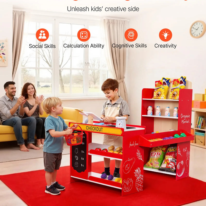 VEVOR bērnu pārtikas veikala rotaļu komplekts, koka rotaļu veikals ar iepirkumu somu, bērnu lielveikala lomu spēļu komplekts ar konveijera lenti, skeneri, kases aparātu un reālistiskiem svariem, dāvana zēniem un meitenēm
