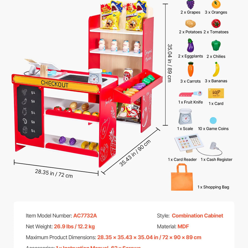VEVOR bērnu pārtikas veikala rotaļu komplekts, koka rotaļu veikals ar iepirkumu somu, bērnu lielveikala lomu spēļu komplekts ar konveijera lenti, skeneri, kases aparātu un reālistiskiem svariem, dāvana zēniem un meitenēm