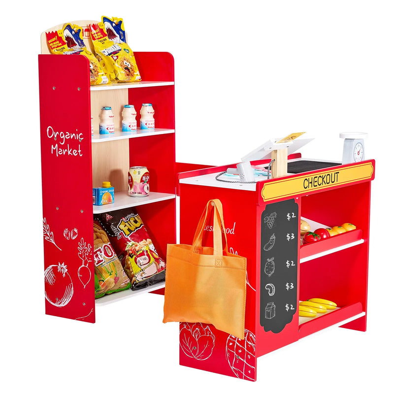 VEVOR bērnu pārtikas veikala rotaļu komplekts, koka rotaļu veikals ar iepirkumu somu, bērnu lielveikala lomu spēļu komplekts ar konveijera lenti, skeneri, kases aparātu un reālistiskiem svariem, dāvana zēniem un meitenēm