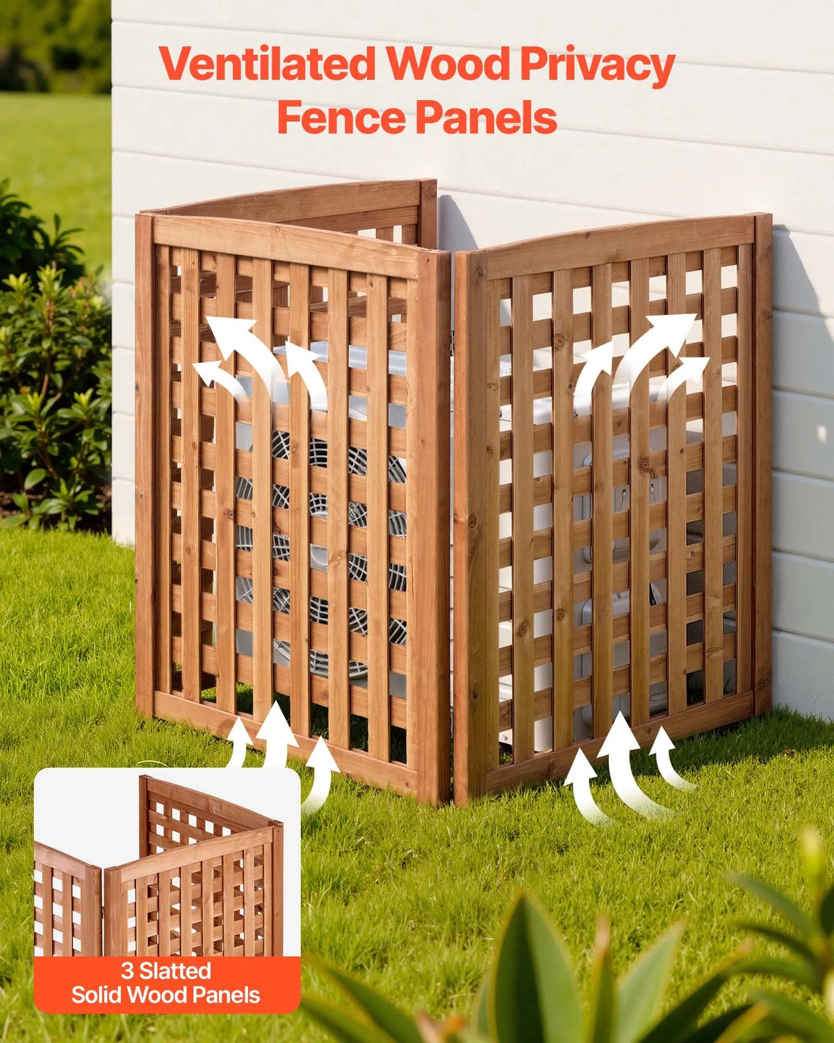 VEVOR koka privātuma žogs 810 × 960 mm, 3 paneļu masīvkoka āra aizslietnis ar regulējamu leņķi un eņģēm pastiprinātu konstrukciju, piemērots gaisa kondicioniera un atkritumu konteineru paslēpšanai dārzā - ZEMLETES.LV