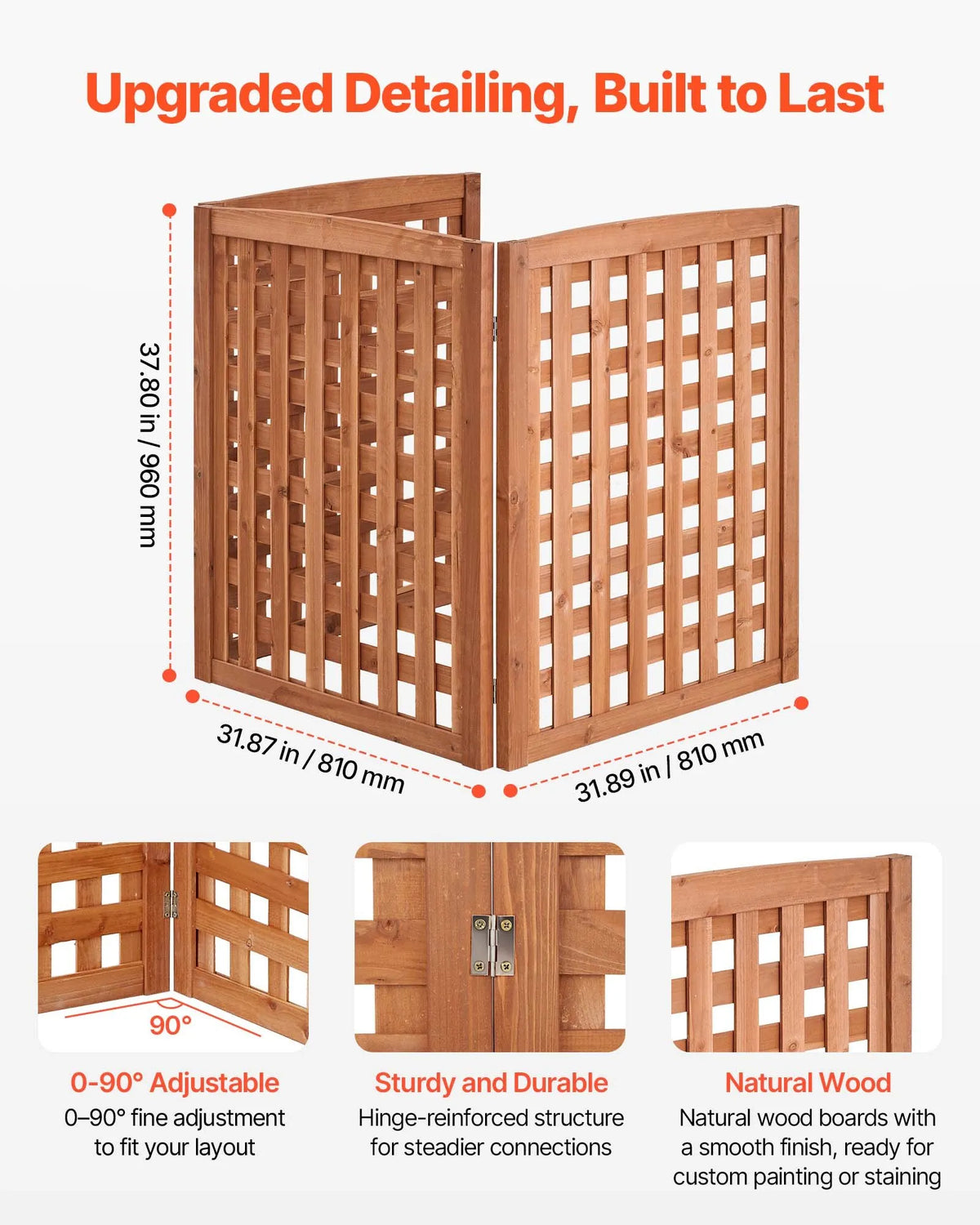 VEVOR koka privātuma žogs 810 × 960 mm, 3 paneļu masīvkoka āra aizslietnis ar regulējamu leņķi un eņģēm pastiprinātu konstrukciju, piemērots gaisa kondicioniera un atkritumu konteineru paslēpšanai dārzā - ZEMLETES.LV