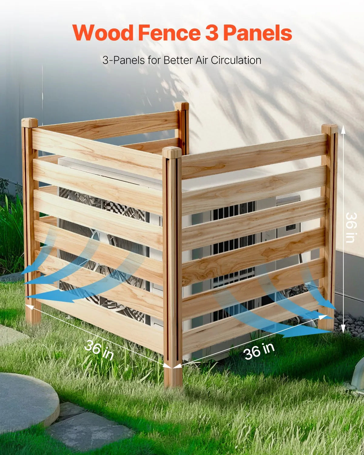 Wooden Privacy Fence, 3 Panels, Slatted, Air Conditioner Cover, 91 × 91 cm