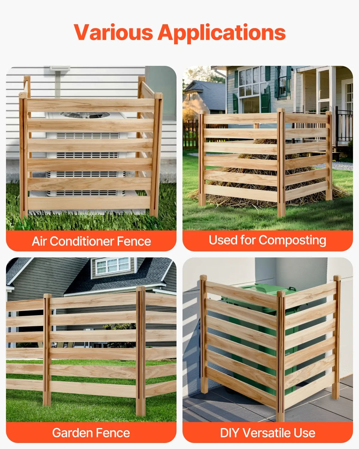Wooden Privacy Fence, 3 Panels, Slatted, Air Conditioner Cover, 91 × 91 cm