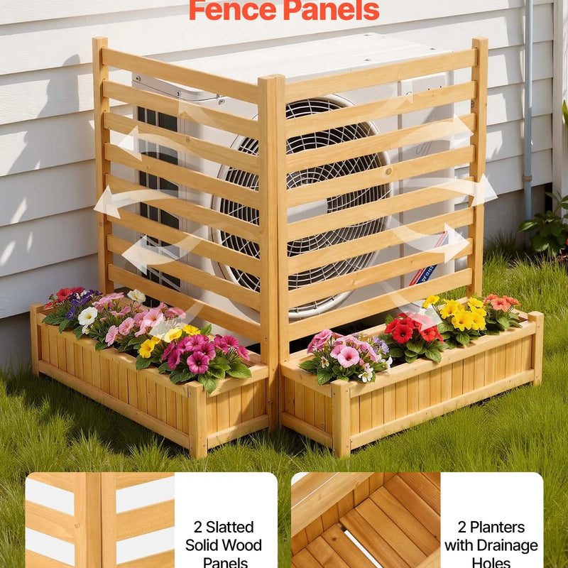 VEVOR koka privātuma žogs 914 × 1143 mm, 2 līstu paneļu masīvkoka āra aizslietnis ar 2 puķu kastēm un metāla mietiem, piemērots gaisa kondicioniera, atkritumu konteineru un dārza zonas norobežošanai pie baseina - ZEMLETES.LV