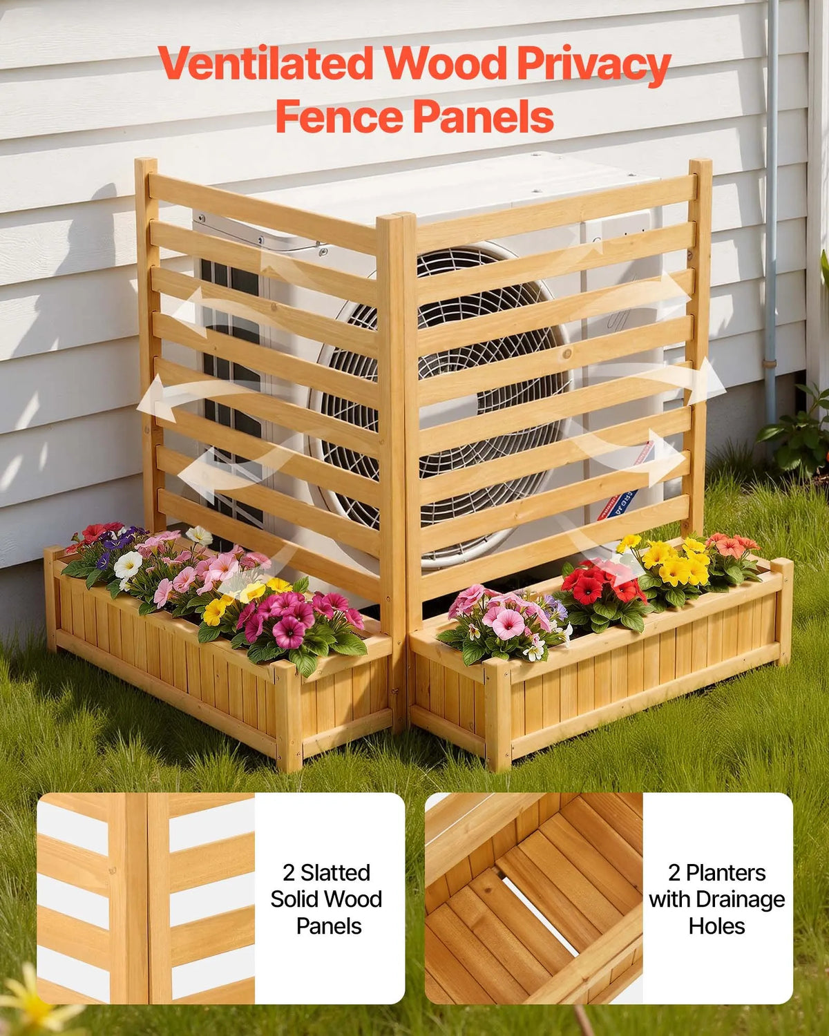 VEVOR koka privātuma žogs 914 × 1143 mm, 2 līstu paneļu masīvkoka āra aizslietnis ar 2 puķu kastēm un metāla mietiem, piemērots gaisa kondicioniera, atkritumu konteineru un dārza zonas norobežošanai pie baseina - ZEMLETES.LV