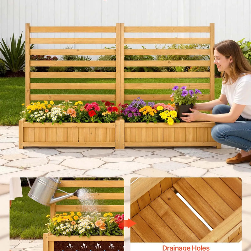 VEVOR koka privātuma žogs 914 × 1143 mm, 2 līstu paneļu masīvkoka āra aizslietnis ar 2 puķu kastēm un metāla mietiem, piemērots gaisa kondicioniera, atkritumu konteineru un dārza zonas norobežošanai pie baseina - ZEMLETES.LV