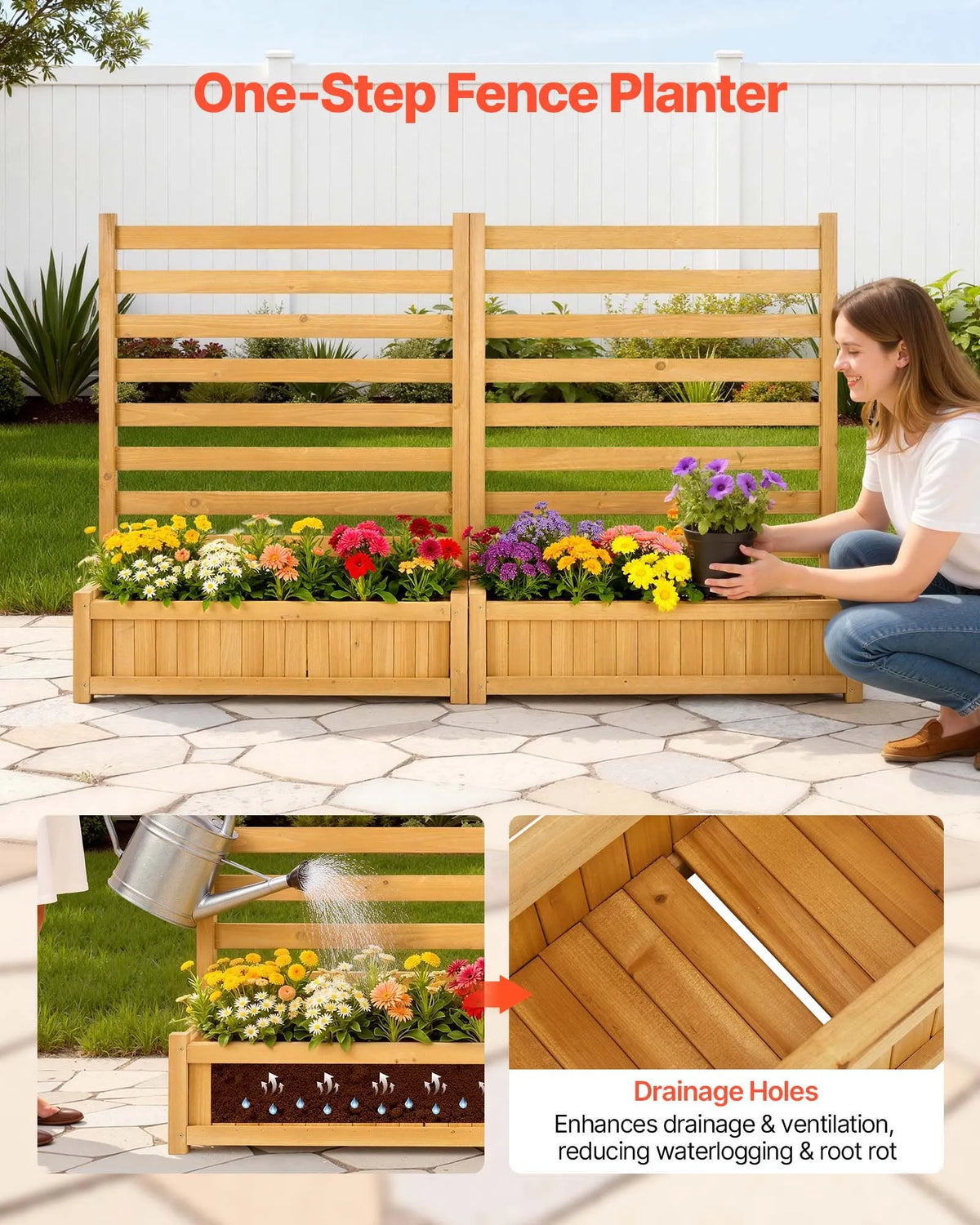 VEVOR koka privātuma žogs 914 × 1143 mm, 2 līstu paneļu masīvkoka āra aizslietnis ar 2 puķu kastēm un metāla mietiem, piemērots gaisa kondicioniera, atkritumu konteineru un dārza zonas norobežošanai pie baseina - ZEMLETES.LV