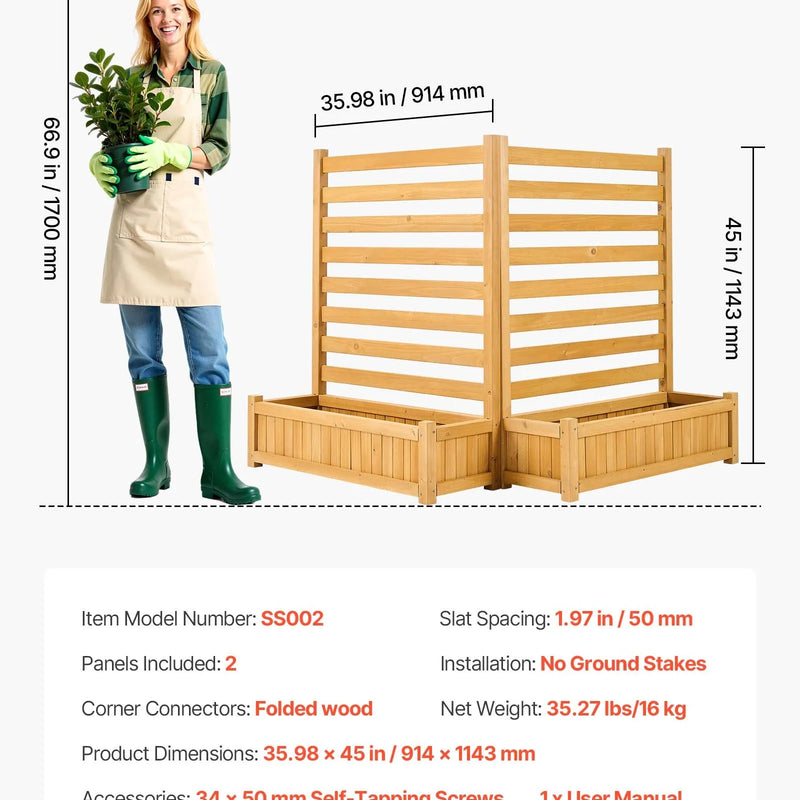 VEVOR koka privātuma žogs 914 × 1143 mm, 2 līstu paneļu masīvkoka āra aizslietnis ar 2 puķu kastēm un metāla mietiem, piemērots gaisa kondicioniera, atkritumu konteineru un dārza zonas norobežošanai pie baseina - ZEMLETES.LV