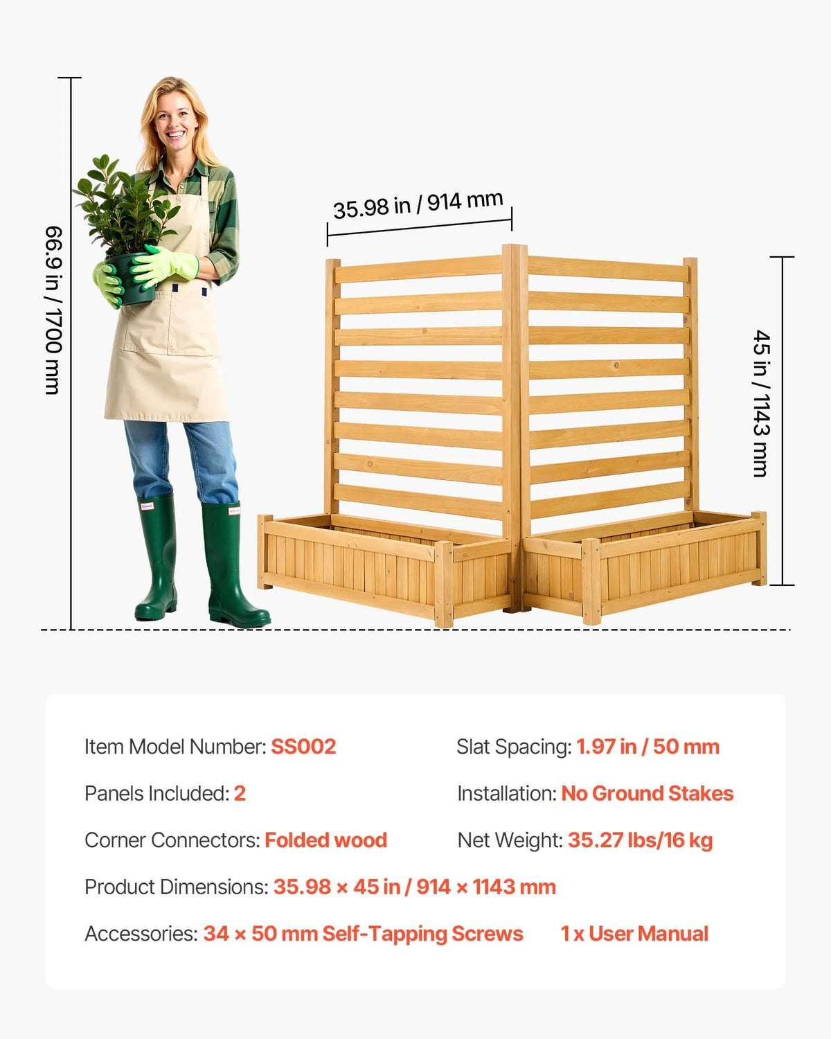 VEVOR koka privātuma žogs 914 × 1143 mm, 2 līstu paneļu masīvkoka āra aizslietnis ar 2 puķu kastēm un metāla mietiem, piemērots gaisa kondicioniera, atkritumu konteineru un dārza zonas norobežošanai pie baseina - ZEMLETES.LV