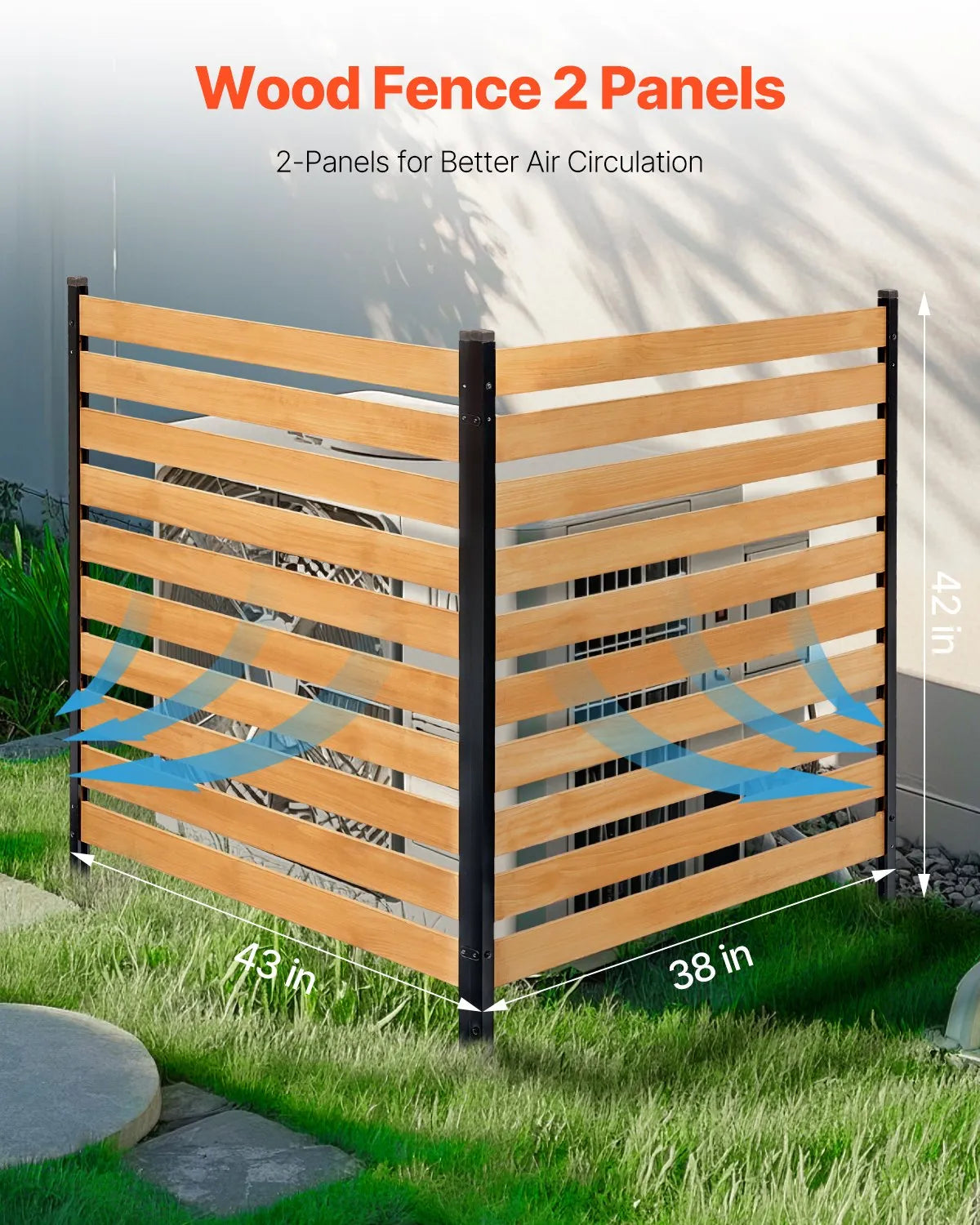 VEVOR Wooden Privacy Fence, 965 × 1067 mm, 2-Panel Slatted Air Conditioner Cover with Metal Stakes, Easy DIY Installation, Outdoor Waste Bin Hider for Garden Decoration