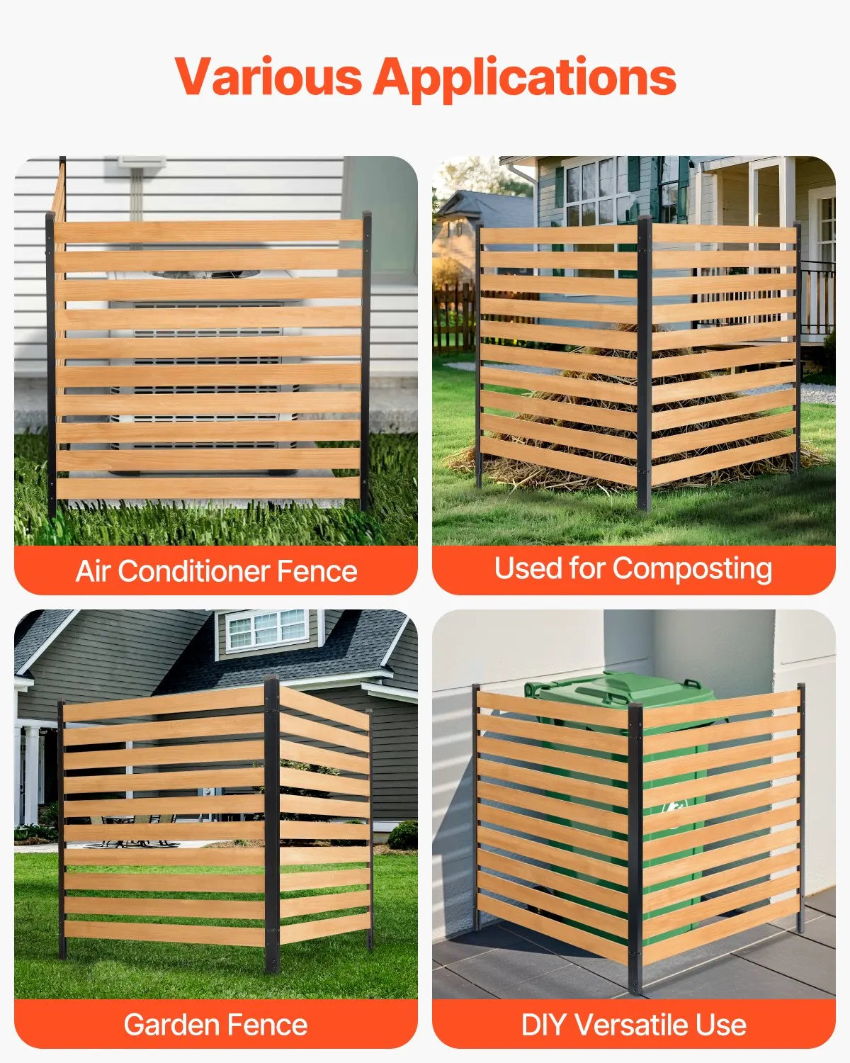 VEVOR Wooden Privacy Fence, 965 × 1067 mm, 2-Panel Slatted Air Conditioner Cover with Metal Stakes, Easy DIY Installation, Outdoor Waste Bin Hider for Garden Decoration
