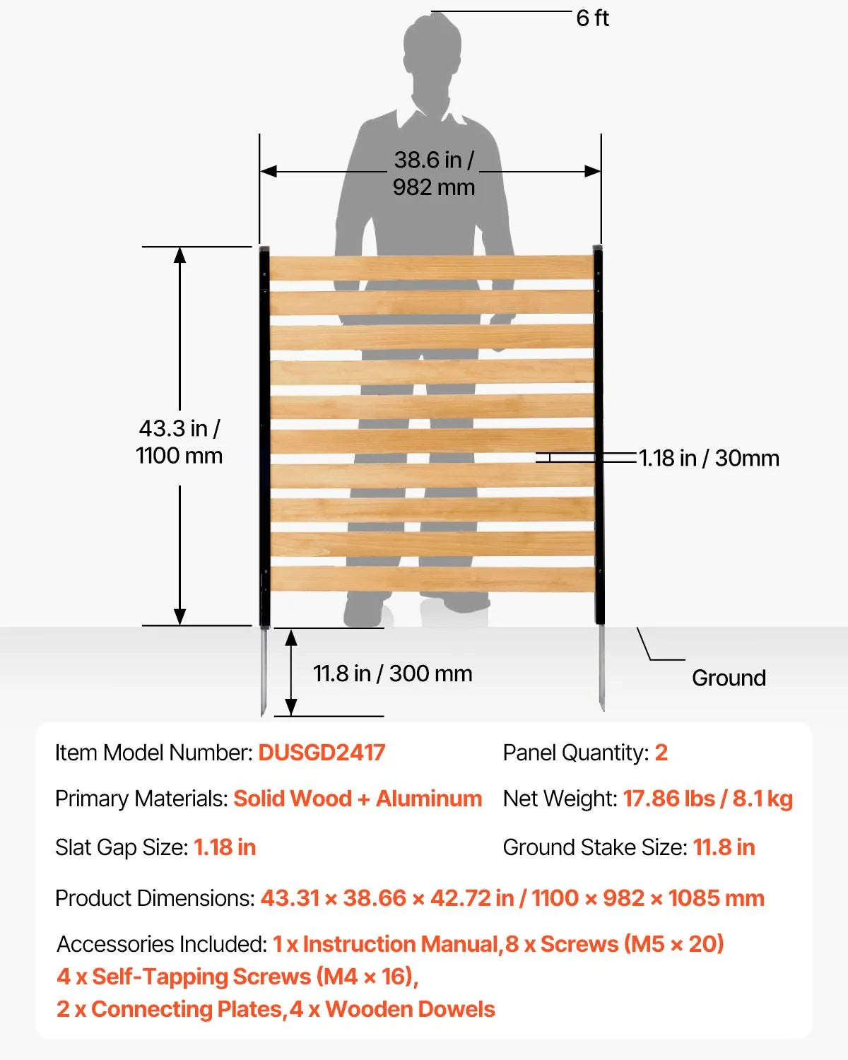 VEVOR Wooden Privacy Fence, 965 × 1067 mm, 2-Panel Slatted Air Conditioner Cover with Metal Stakes, Easy DIY Installation, Outdoor Waste Bin Hider for Garden Decoration