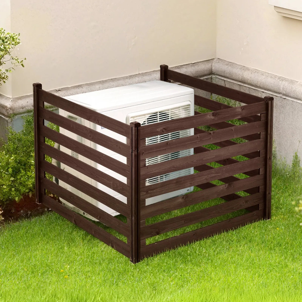 VEVOR koka privātuma žogs 1230 × 945 mm, 3 paneļu masīvkoka āra aizslietnis ar metāla mietiem un tērauda rāmi, piemērots gaisa kondicioniera, atkritumu konteineru un dārza zonas norobežošanai pie baseina - ZEMLETES.LV