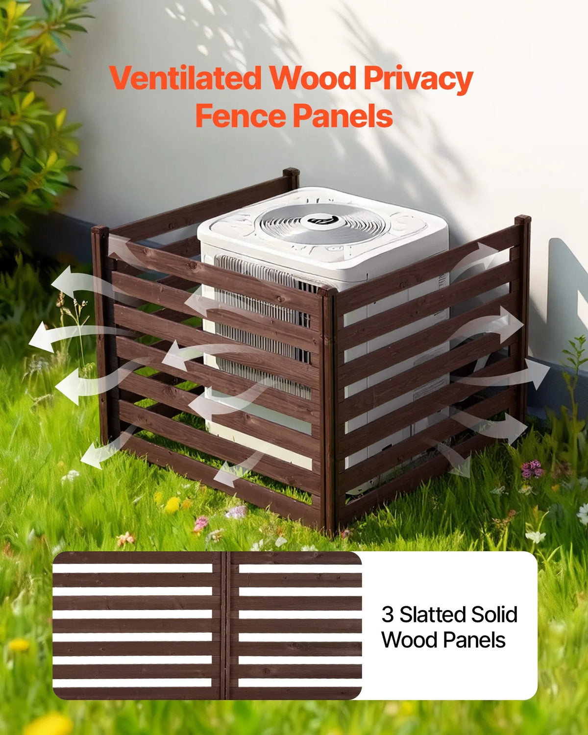 VEVOR koka privātuma žogs 1230 × 945 mm, 3 paneļu masīvkoka āra aizslietnis ar metāla mietiem un tērauda rāmi, piemērots gaisa kondicioniera, atkritumu konteineru un dārza zonas norobežošanai pie baseina - ZEMLETES.LV