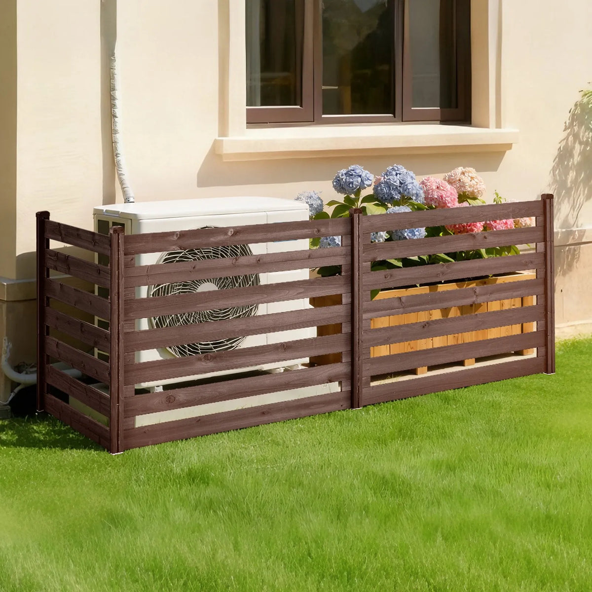 VEVOR koka privātuma žogs 1230 × 945 mm, 3 paneļu masīvkoka āra aizslietnis ar metāla mietiem un tērauda rāmi, piemērots gaisa kondicioniera, atkritumu konteineru un dārza zonas norobežošanai pie baseina - ZEMLETES.LV