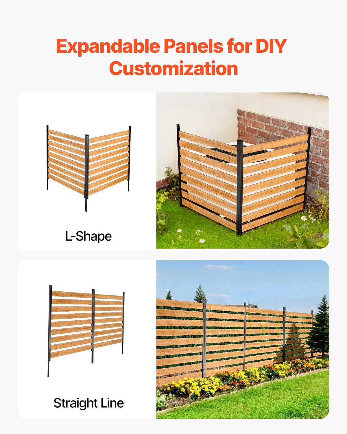 VEVOR koka privātuma žogs 1219 × 1244 × 1219 mm, 2 paneļu āra koka aizslietnis ar metāla mietiem un tērauda rāmi, piemērots kondicionieriem, atkritumu konteineriem, dārzam un baseinam - ZEMLETES.LV