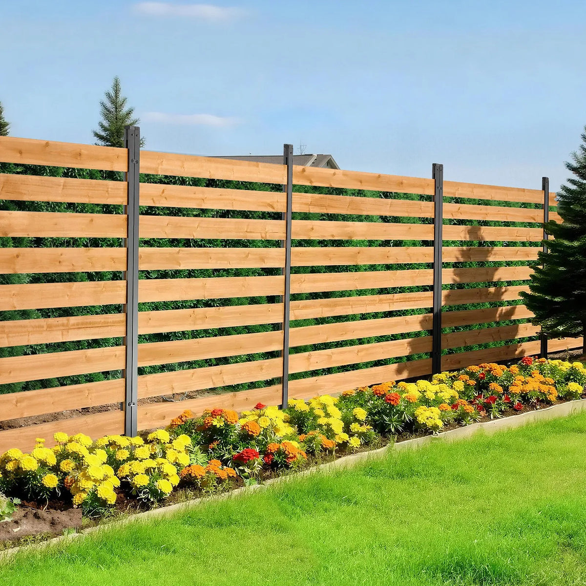 VEVOR koka privātuma žogs 1219 × 1244 × 1219 mm, 2 paneļu āra koka aizslietnis ar metāla mietiem un tērauda rāmi, piemērots kondicionieriem, atkritumu konteineriem, dārzam un baseinam - ZEMLETES.LV