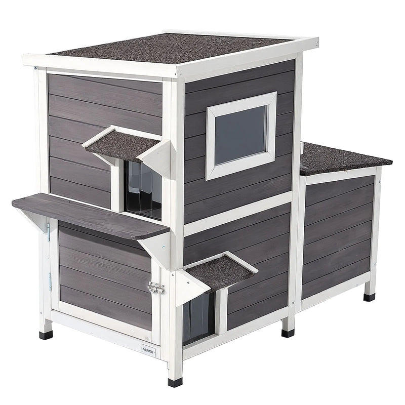 VEVOR divstāvu koka āra kaķu māja 3 kaķiem ziemā, paaugstināta savvaļas kaķu māja ar kāpnēm, caurspīdīgu logu un durvju aizkaru, ūdensizturīga kaķu māja dārzam, 107 × 63 × 86 cm