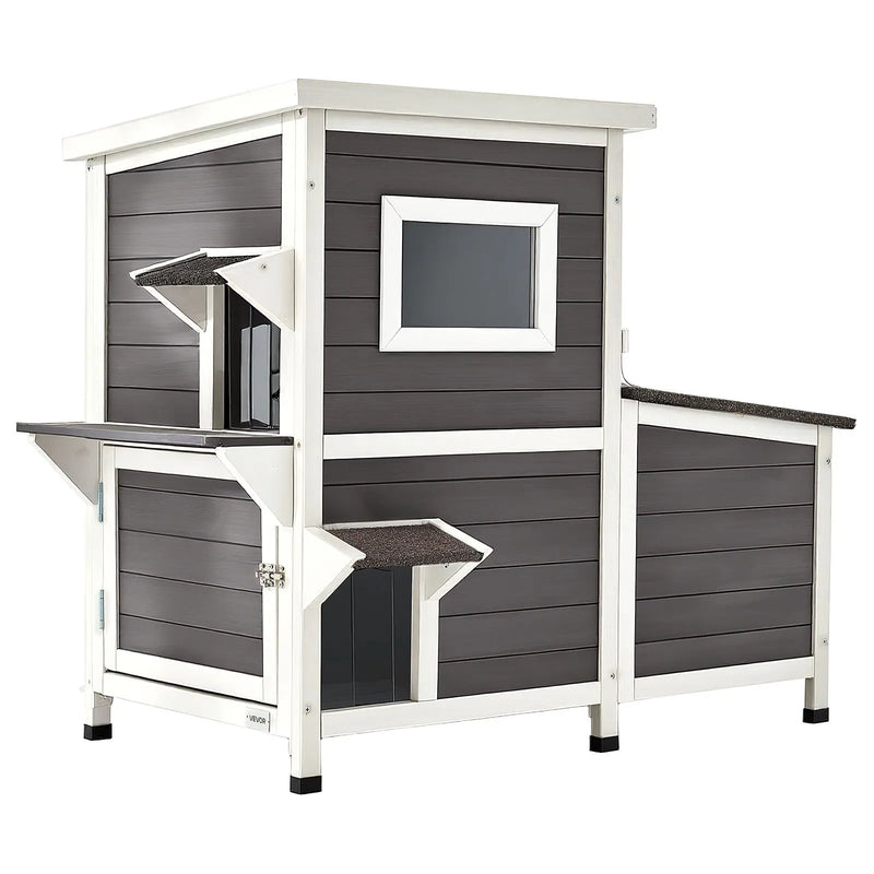 VEVOR divstāvu koka āra kaķu māja 3 kaķiem ziemā, paaugstināta savvaļas kaķu māja ar kāpnēm, caurspīdīgu logu un durvju aizkaru, ūdensizturīga kaķu māja dārzam, 107 × 63 × 86 cm
