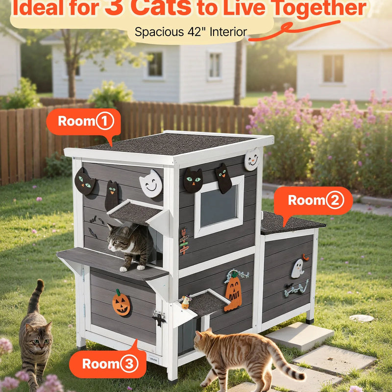 VEVOR divstāvu koka āra kaķu māja 3 kaķiem ziemā, paaugstināta savvaļas kaķu māja ar kāpnēm, caurspīdīgu logu un durvju aizkaru, ūdensizturīga kaķu māja dārzam, 107 × 63 × 86 cm