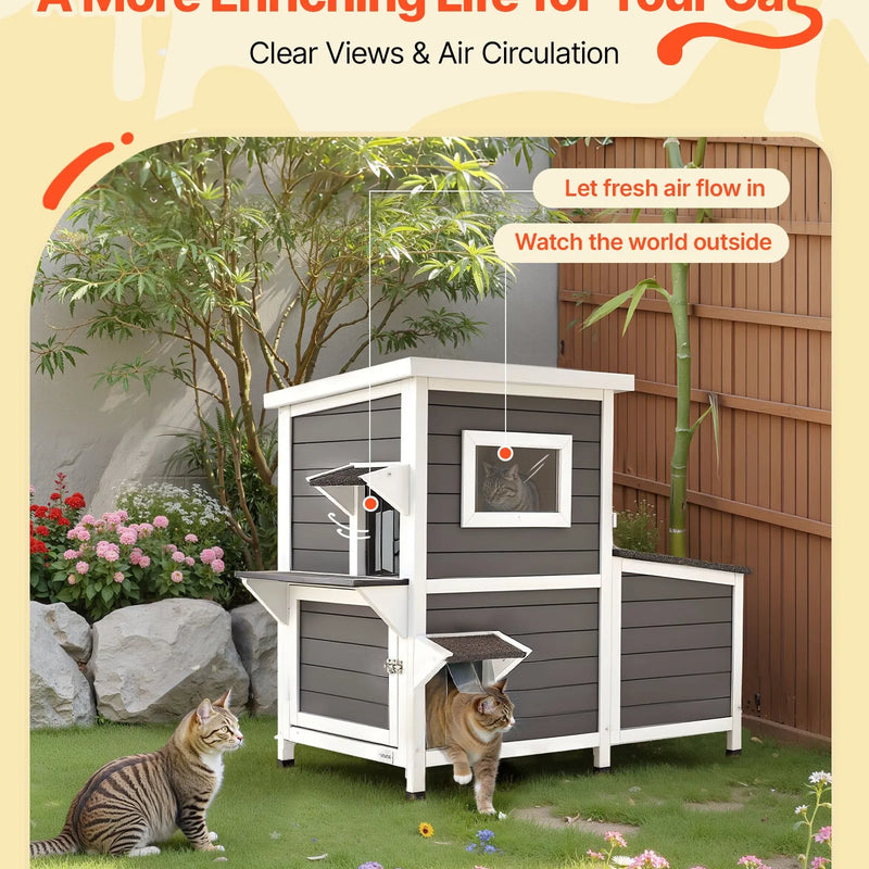 VEVOR divstāvu koka āra kaķu māja 3 kaķiem ziemā, paaugstināta savvaļas kaķu māja ar kāpnēm, caurspīdīgu logu un durvju aizkaru, ūdensizturīga kaķu māja dārzam, 107 × 63 × 86 cm