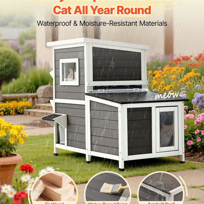 VEVOR divstāvu koka āra kaķu māja 3 kaķiem ziemā, paaugstināta savvaļas kaķu māja ar kāpnēm, caurspīdīgu logu un durvju aizkaru, ūdensizturīga kaķu māja dārzam, 107 × 63 × 86 cm