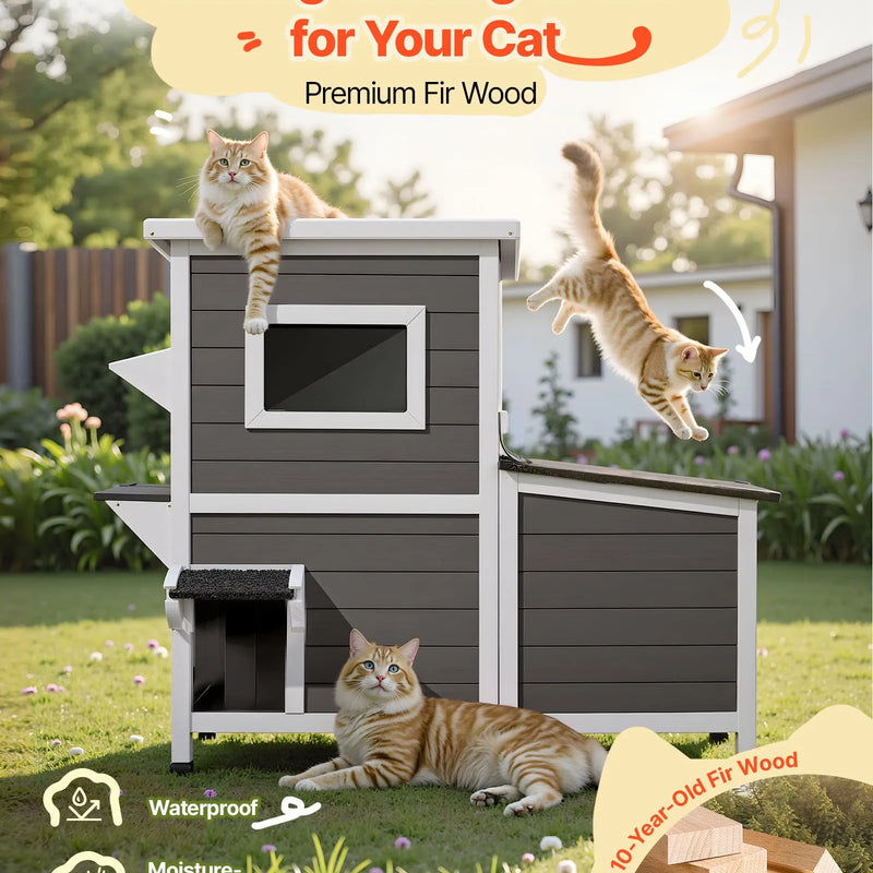 VEVOR divstāvu koka āra kaķu māja 3 kaķiem ziemā, paaugstināta savvaļas kaķu māja ar kāpnēm, caurspīdīgu logu un durvju aizkaru, ūdensizturīga kaķu māja dārzam, 107 × 63 × 86 cm