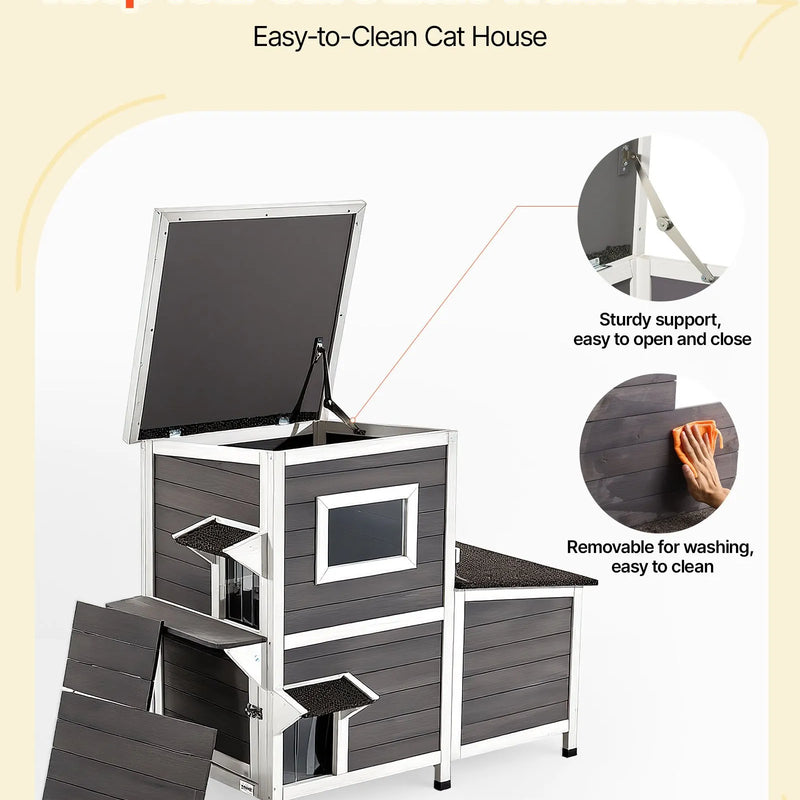 VEVOR divstāvu koka āra kaķu māja 3 kaķiem ziemā, paaugstināta savvaļas kaķu māja ar kāpnēm, caurspīdīgu logu un durvju aizkaru, ūdensizturīga kaķu māja dārzam, 107 × 63 × 86 cm