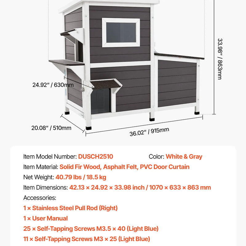 VEVOR divstāvu koka āra kaķu māja 3 kaķiem ziemā, paaugstināta savvaļas kaķu māja ar kāpnēm, caurspīdīgu logu un durvju aizkaru, ūdensizturīga kaķu māja dārzam, 107 × 63 × 86 cm