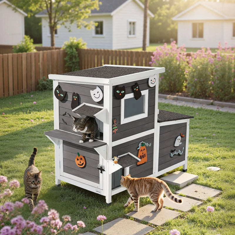 VEVOR divstāvu koka āra kaķu māja 3 kaķiem ziemā, paaugstināta savvaļas kaķu māja ar kāpnēm, caurspīdīgu logu un durvju aizkaru, ūdensizturīga kaķu māja dārzam, 107 × 63 × 86 cm