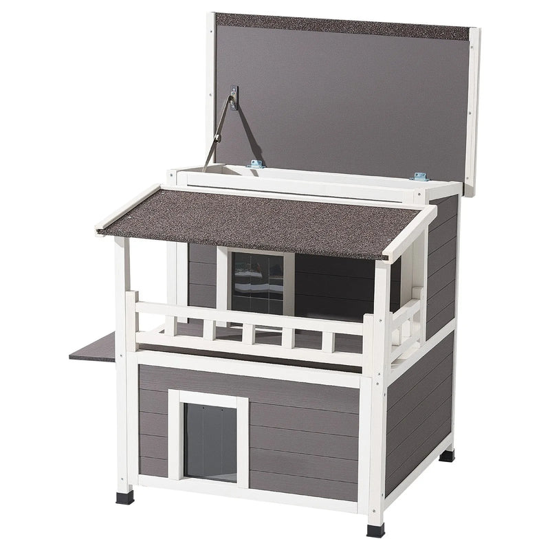 VEVOR izolētā divstāvu koka kaķu māja ar putuplasta izolāciju, balkonu un ūdensizturīgu konstrukciju, piemērota 1–3 kaķiem lietošanai iekštelpās un ārā, 84 × 75 × 82 cm