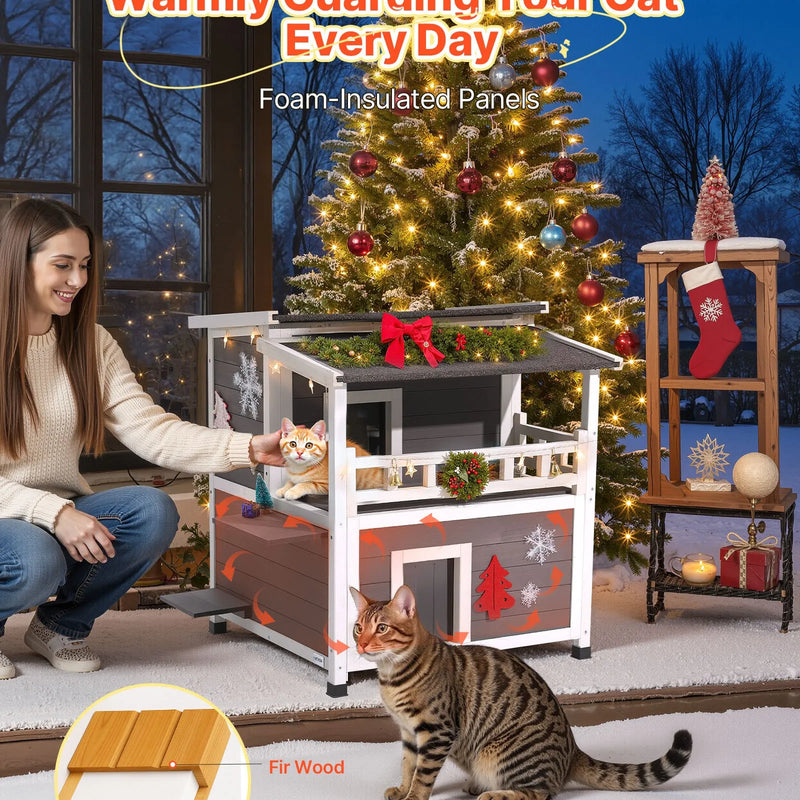 VEVOR izolētā divstāvu koka kaķu māja ar putuplasta izolāciju, balkonu un ūdensizturīgu konstrukciju, piemērota 1–3 kaķiem lietošanai iekštelpās un ārā, 84 × 75 × 82 cm