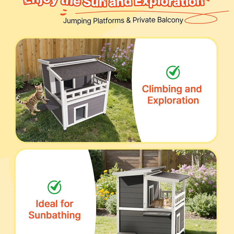VEVOR izolētā divstāvu koka kaķu māja ar putuplasta izolāciju, balkonu un ūdensizturīgu konstrukciju, piemērota 1–3 kaķiem lietošanai iekštelpās un ārā, 84 × 75 × 82 cm