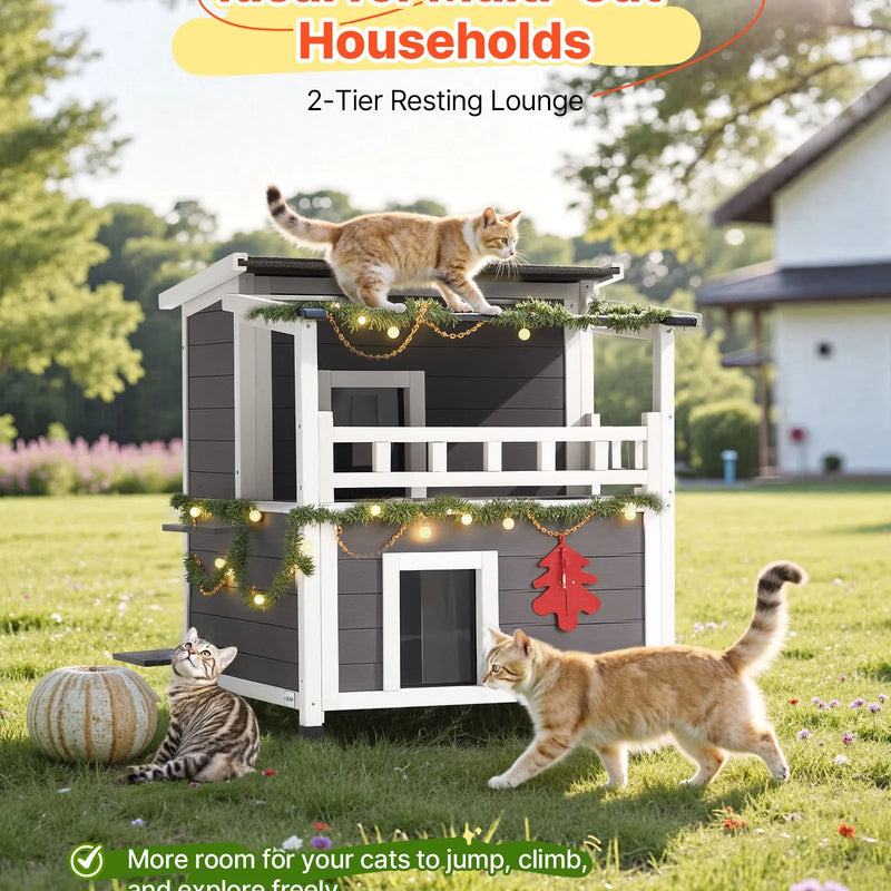 VEVOR izolētā divstāvu koka kaķu māja ar putuplasta izolāciju, balkonu un ūdensizturīgu konstrukciju, piemērota 1–3 kaķiem lietošanai iekštelpās un ārā, 84 × 75 × 82 cm