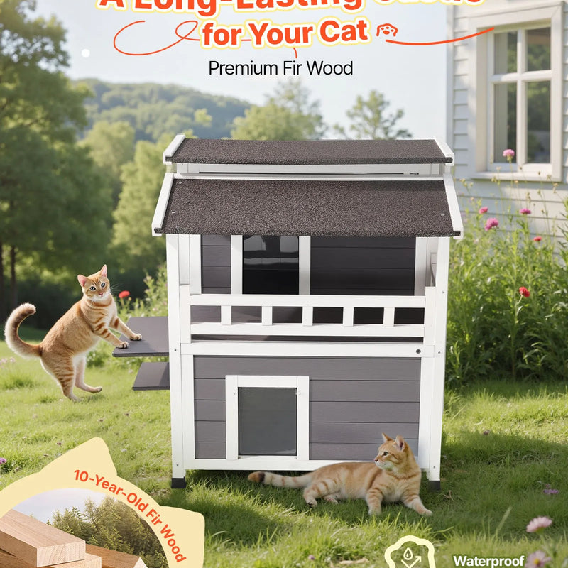 VEVOR izolētā divstāvu koka kaķu māja ar putuplasta izolāciju, balkonu un ūdensizturīgu konstrukciju, piemērota 1–3 kaķiem lietošanai iekštelpās un ārā, 84 × 75 × 82 cm